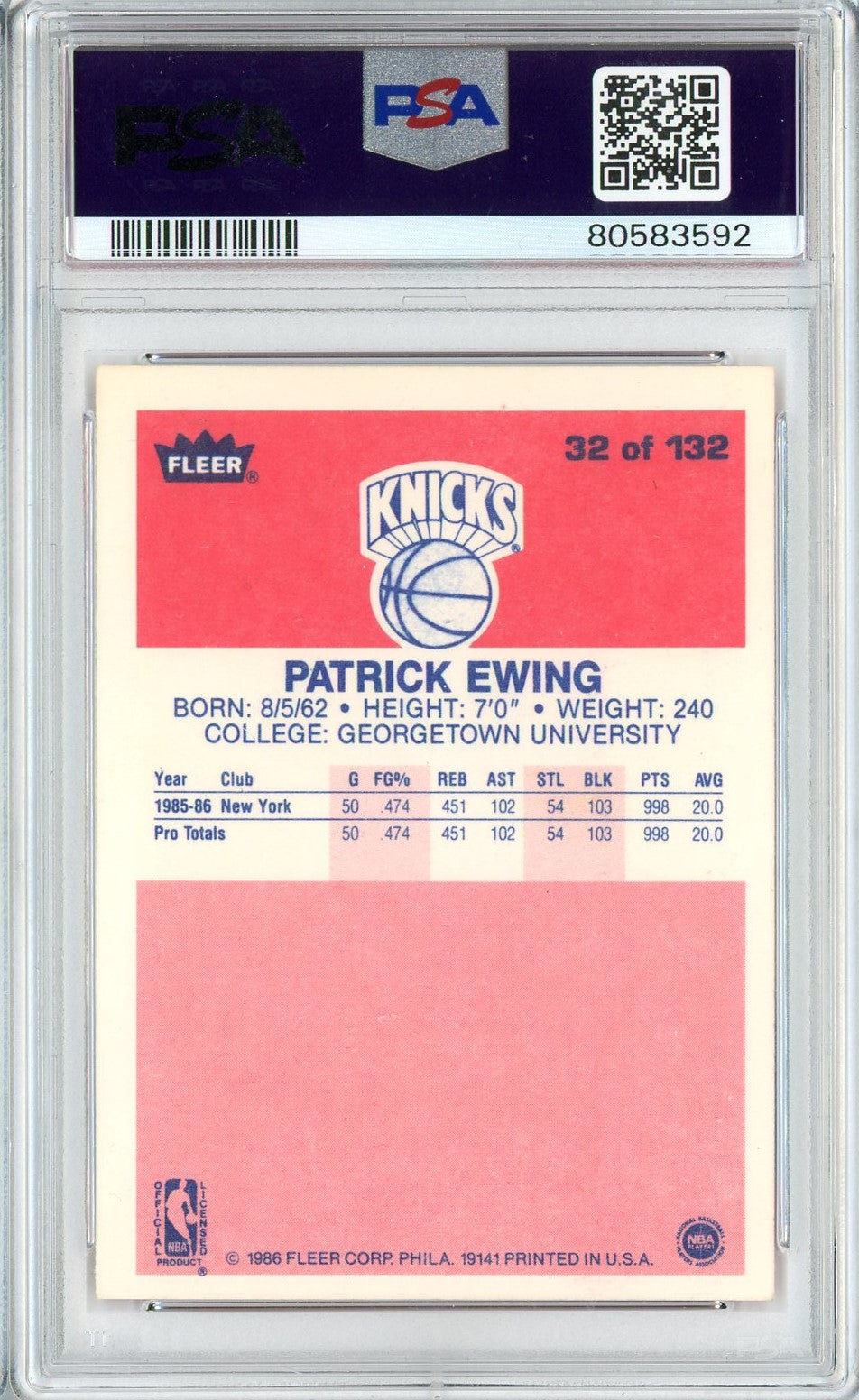 Graded 1986 Fleer Patrick Ewing #32 Rookie RC Basketball Card PSA 6 EX-MT