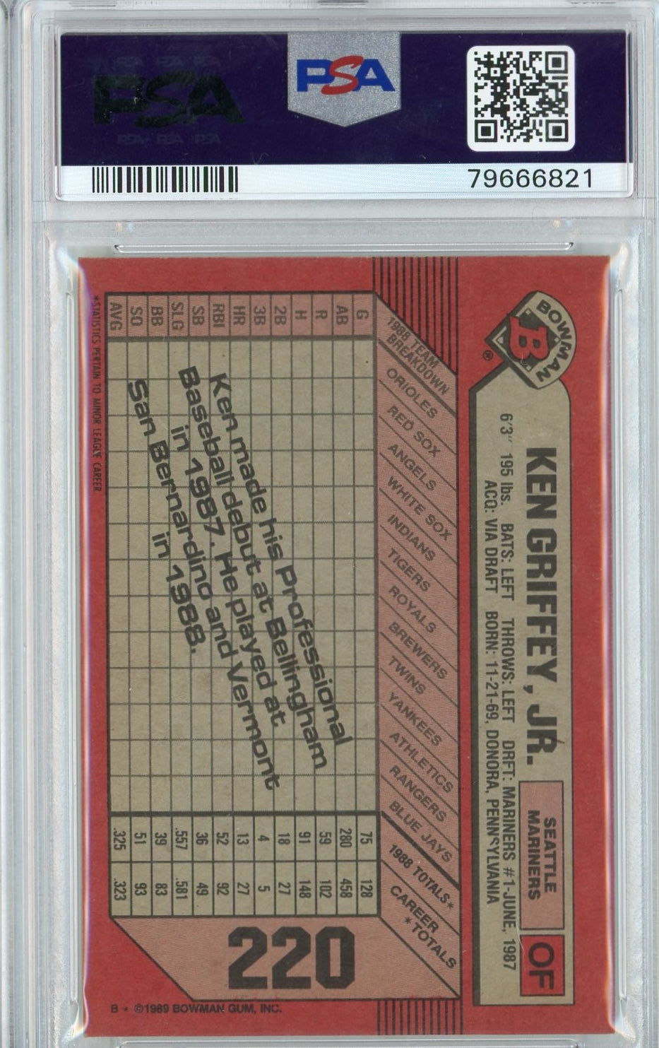 Graded 1989 Bowman Ken Griffey Jr. #220 Rookie RC Baseball Card PSA 10 Auto Grade Gem Mint