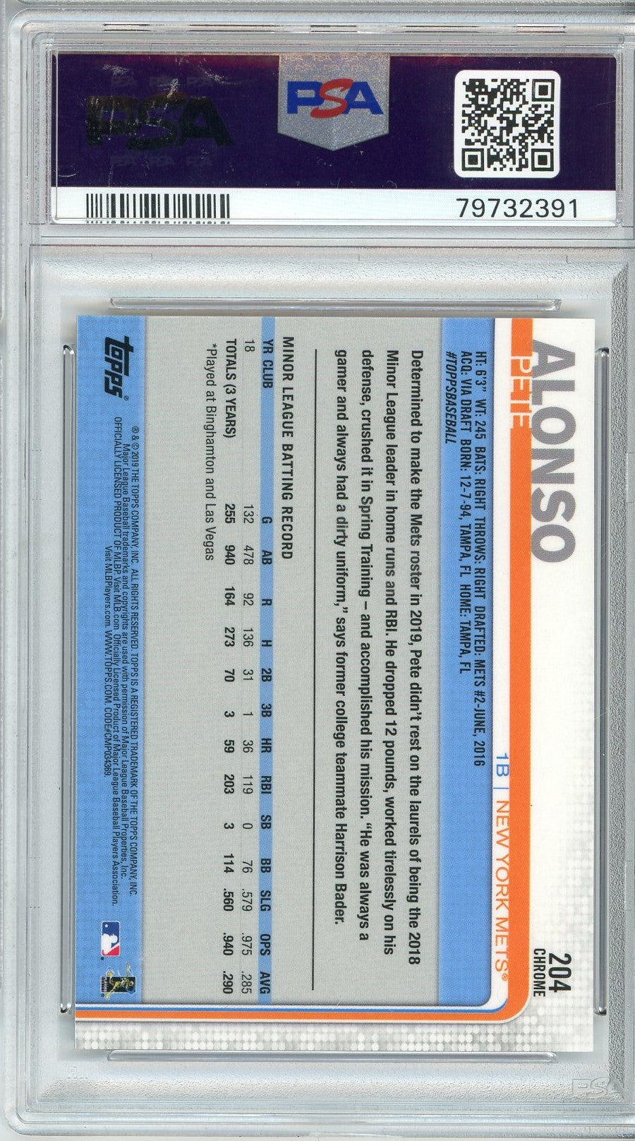 Graded 2019 Topps Chrome Pete Alonso #204 Rookie RC Baseball Card PSA 10 Gem Mint