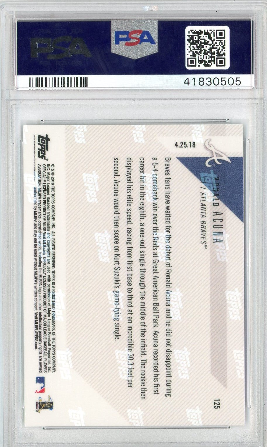 Graded 2018 Topps Now Ronald Acuna Jr. #125 Rookie RC Baseball Card PSA 9 Mint