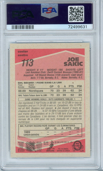 Graded 1989 O-Pee-Chee Joe Sakic #113 Rookie RC Hockey Card PSA 9 Mint