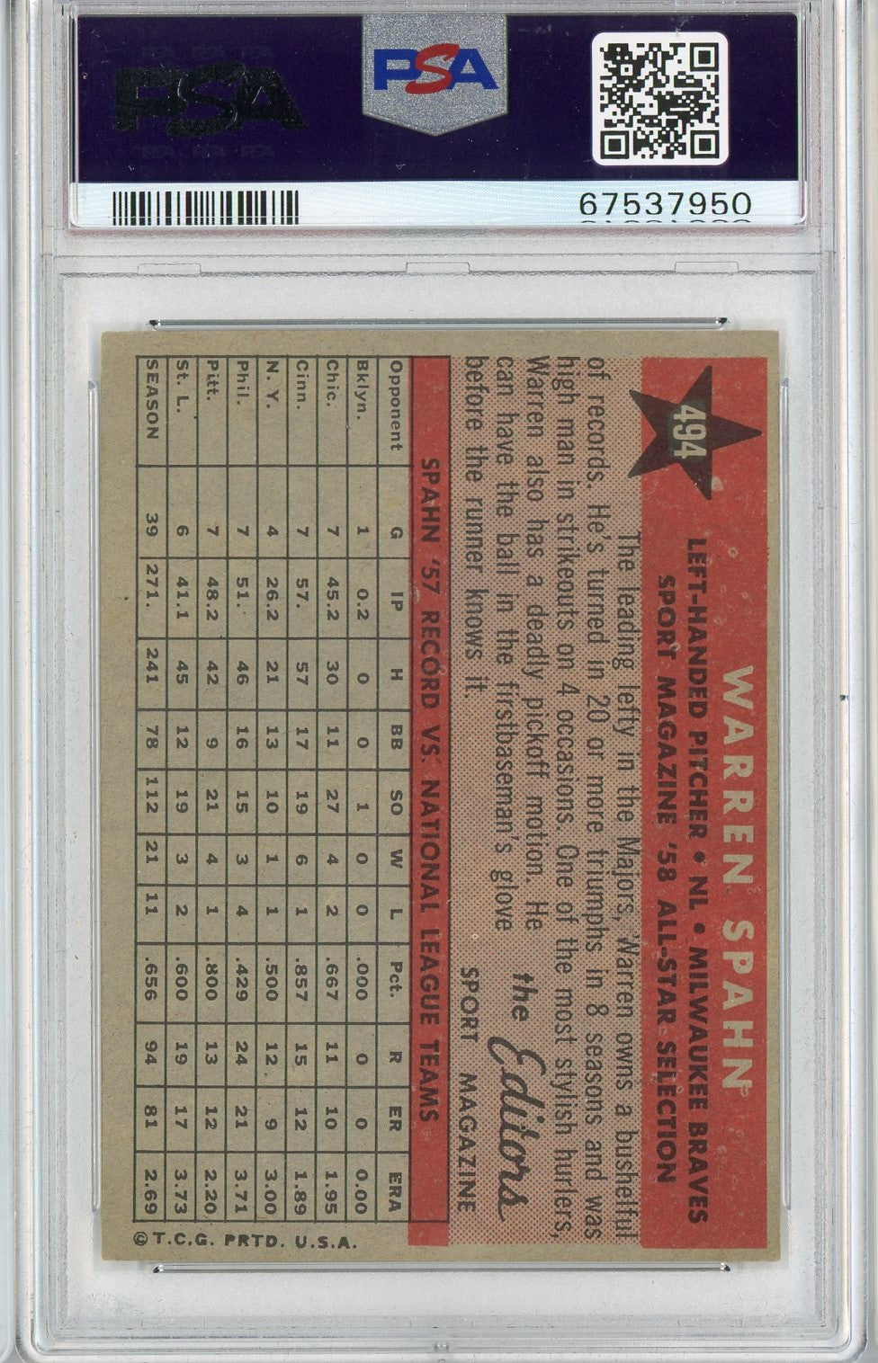 Graded 1958 Topps All Star Warren Spahn #494 Baseball Card PSA 5 Excellent