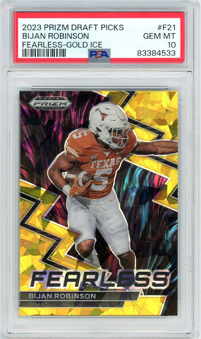 Graded 2023 Panini Prizm Bijan Robinson #F21 Fearless-Gold Ice Rookie RC Football Card PSA 10 Gem Mint