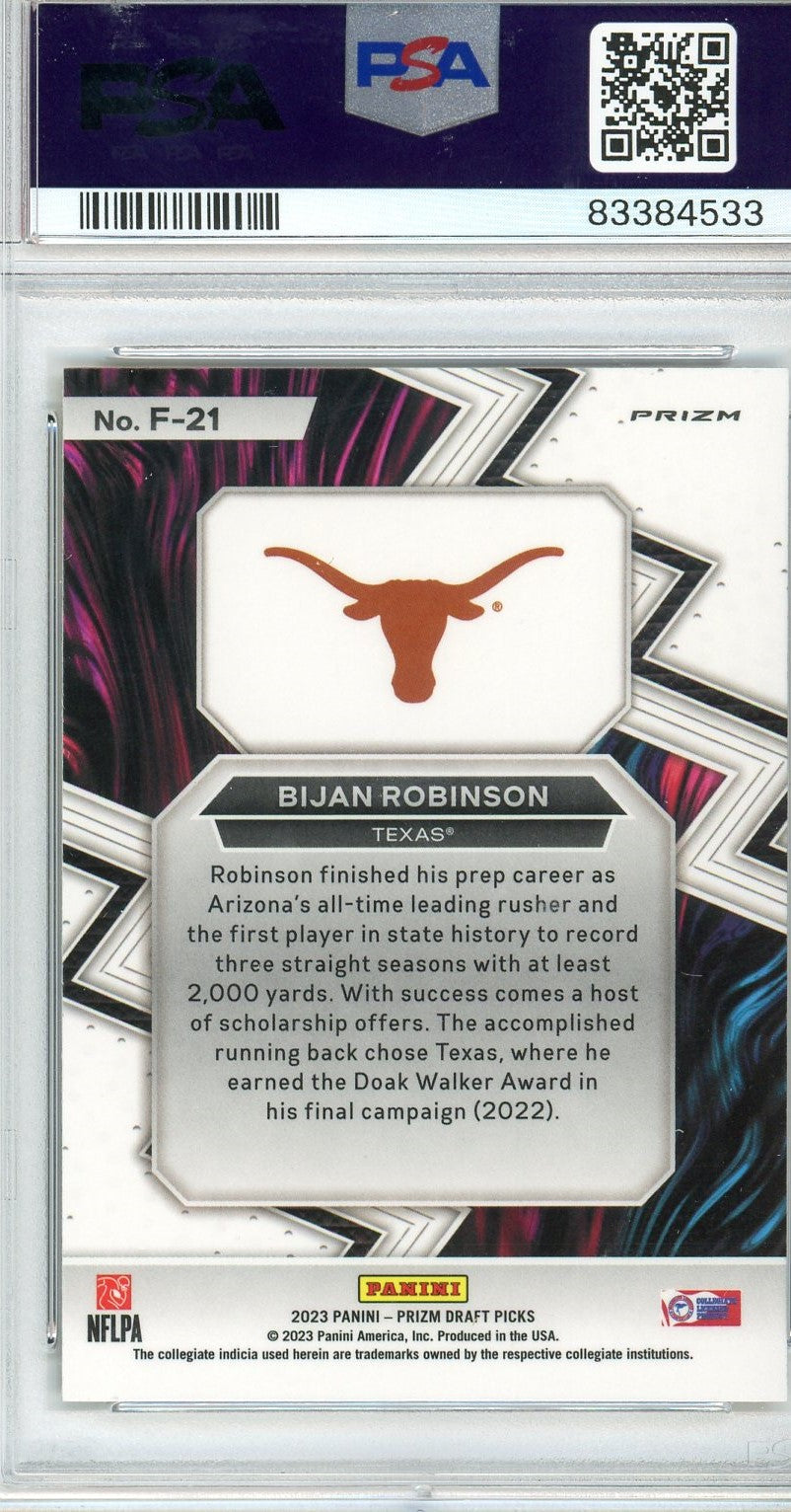 Graded 2023 Panini Prizm Bijan Robinson #F21 Fearless-Gold Ice Rookie RC Football Card PSA 10 Gem Mint