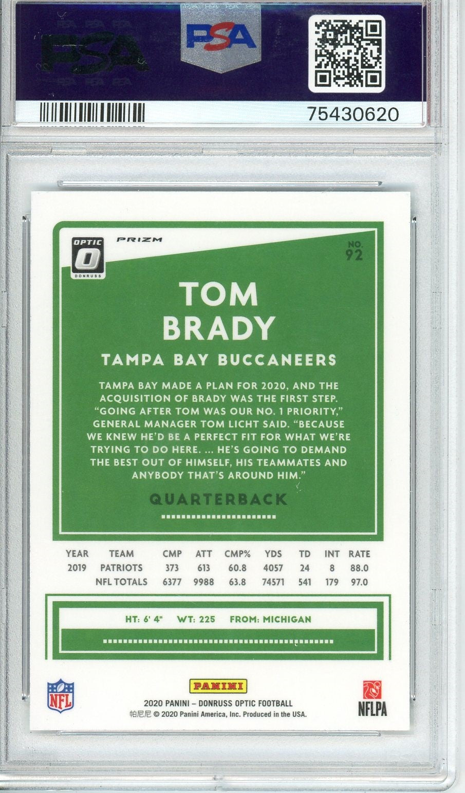 Graded 2020 Panini Donruss Optic Tom Brady #92 Holo Football Card PSA 10 Gem Mint