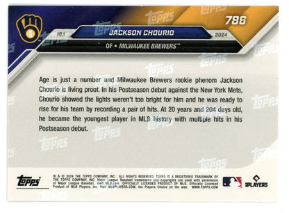2024 Topps Now Jackson Chourio #786 Purple #/25 Milwaukee Brewers Rookie RC Baseball Card