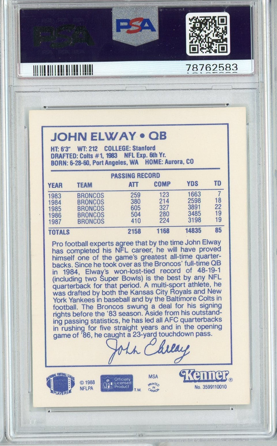 Graded 1988 Kenner Starting Lineup John Elway Football Card PSA 8 NM-MT