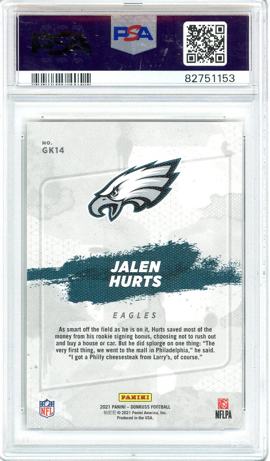 Graded 2021 Panini Donruss Jalen Hurts #GK14 Gridiron Kings Football Card PSA 10 Gem Mint