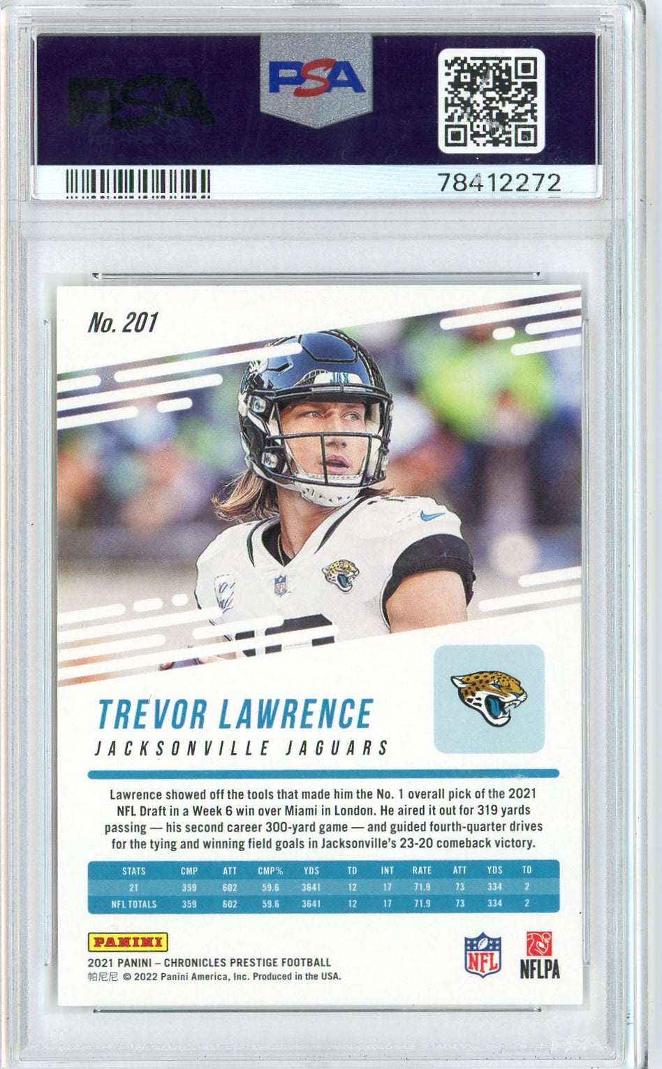 Graded 2021 Panini Chronicles Trevor Lawrence #201 Prestige Rookie Update Rookie RC Football Card PSA 10 Gem Mint
