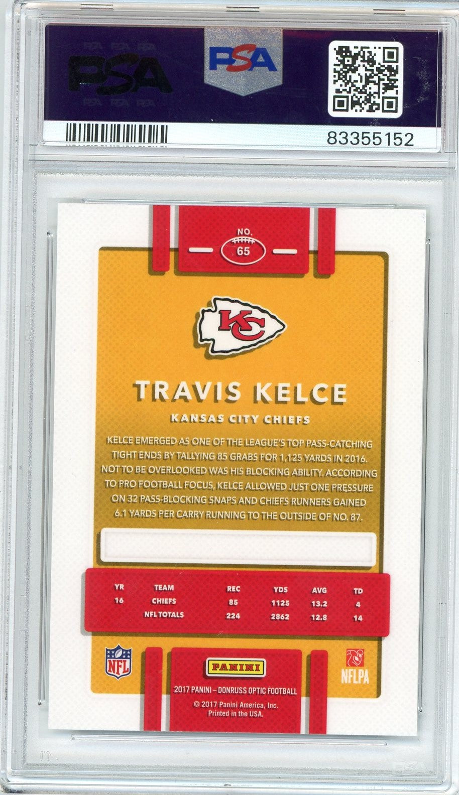 Graded 2017 Panini Donruss Optic Travis Kelce #65 Football Card PSA 10 Gem Mint