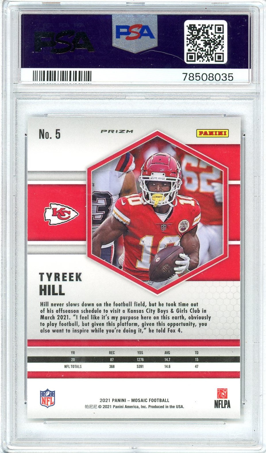 Graded 2021 Panini Mosaic Tyreek Hill #5 Mosaic Football Card PSA 10 Gem Mint