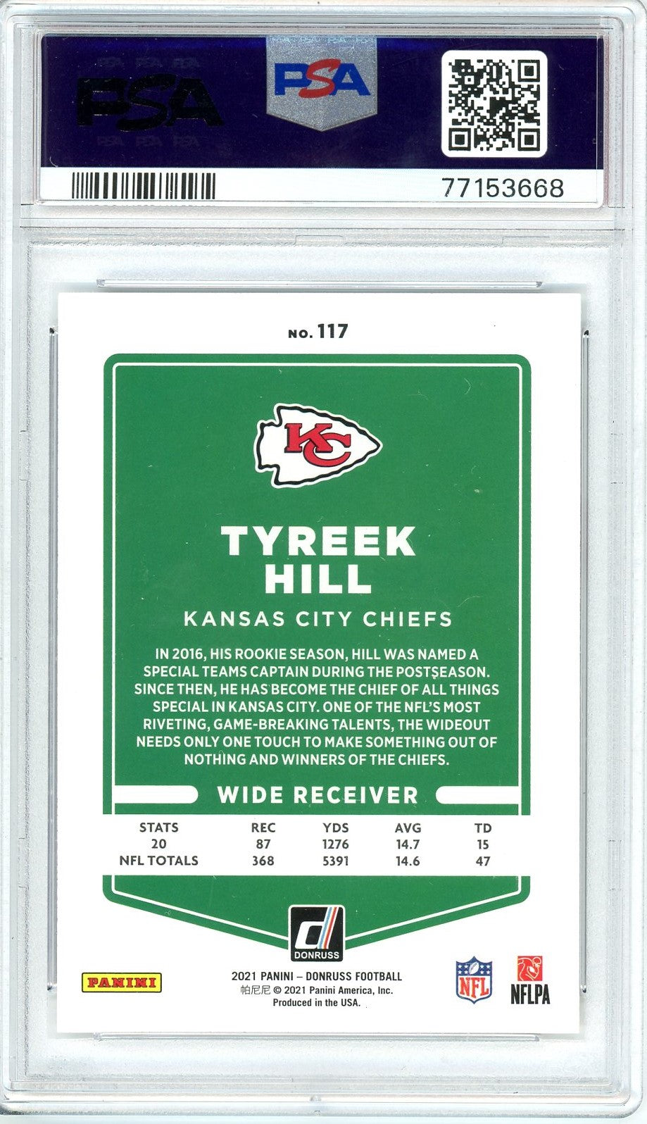Graded 2021 Panini Donruss Tyreek Hill #117 Football Card PSA 10 Gem Mint