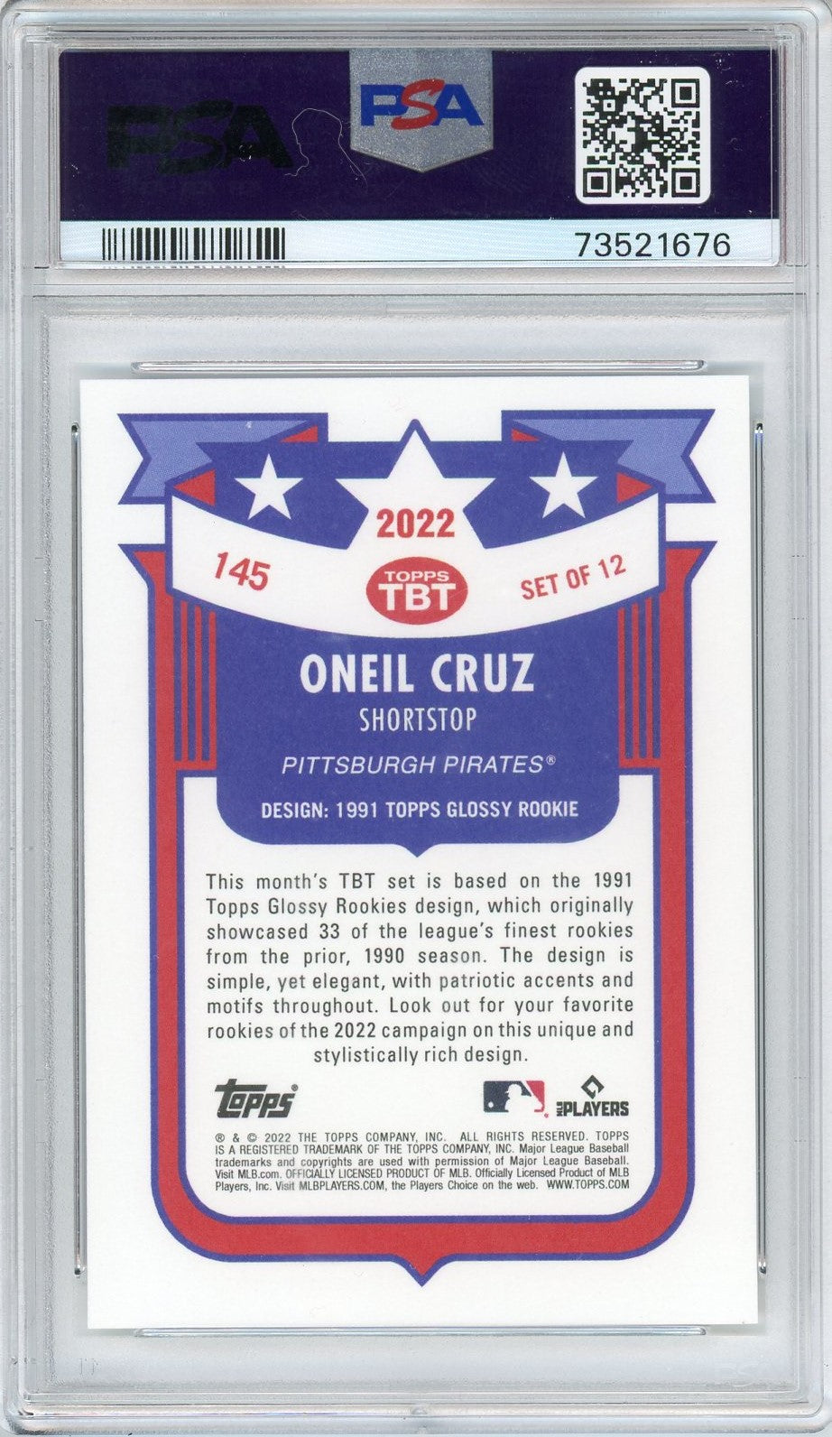 Graded 2022 Topps Oneil Cruz #145 Throwback Thursday Rookie RC Baseball Card PSA 10 Gem Mint
