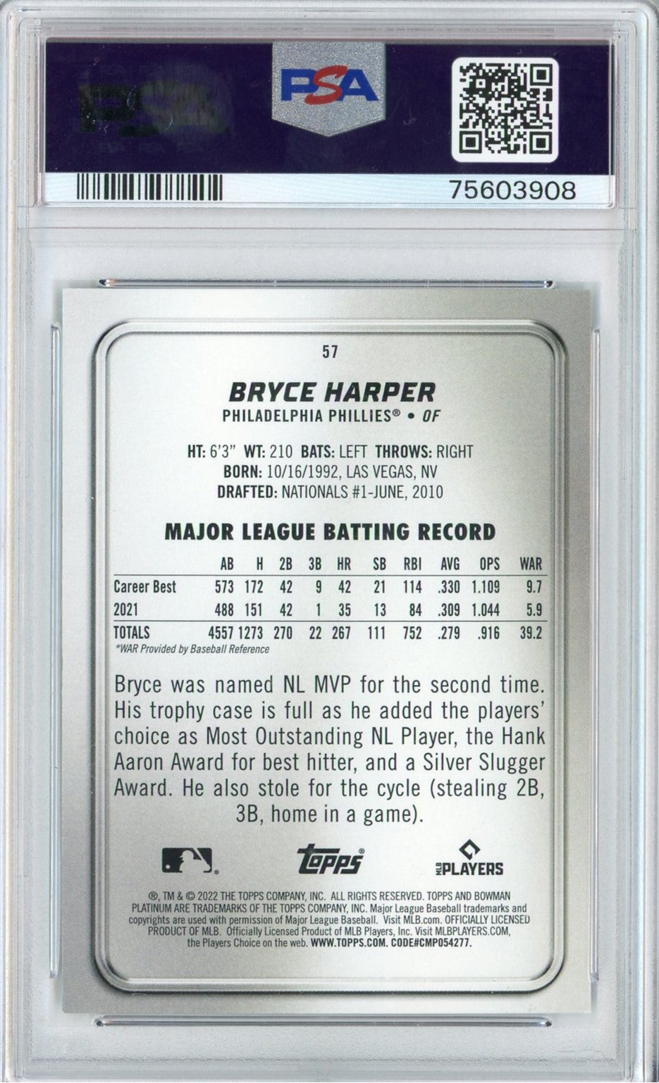 Graded 2022 Bowman Platinum Bryce Harper #57 Baseball Card PSA 10 Gem Mint