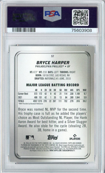 Graded 2022 Bowman Platinum Bryce Harper #57 Baseball Card PSA 10 Gem Mint