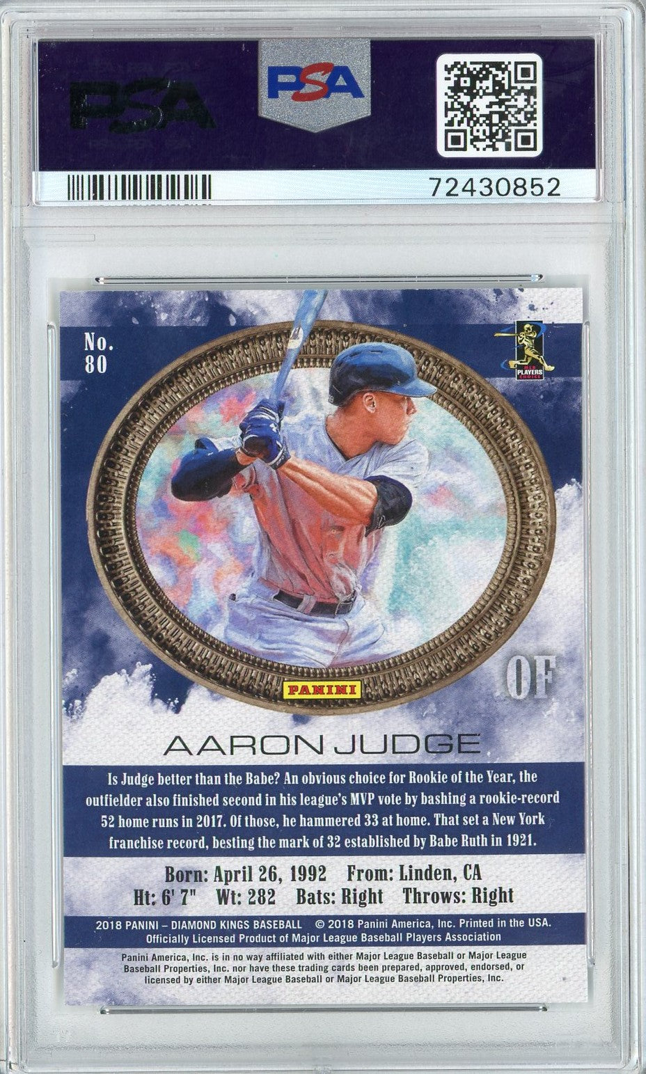 Graded 2018 Panini Diamond Kings Aaron Judge #80 Baseball Card PSA 10 Gem Mint