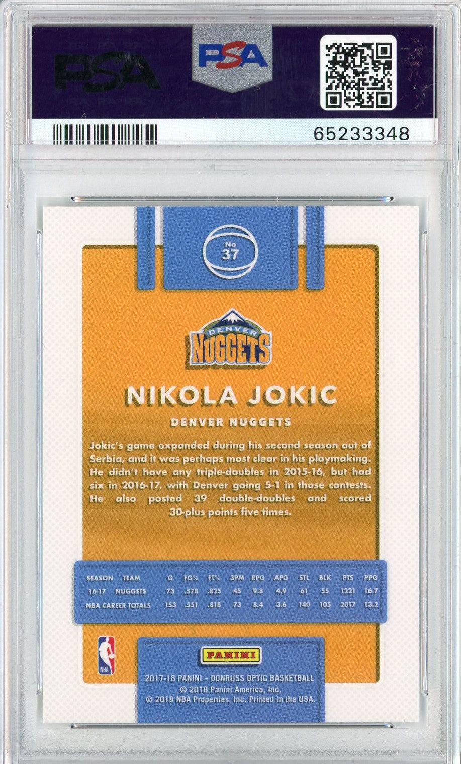 Graded 2017 Panini Donruss Optic Nikola Jokic #37 Basketball Card PSA 9 Mint