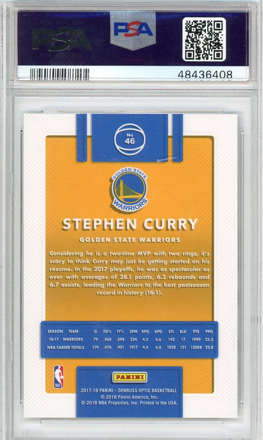Graded 2017 Panini Donruss Optic Stephen Curry #46 Basketball Card PSA 10 Gem Mint