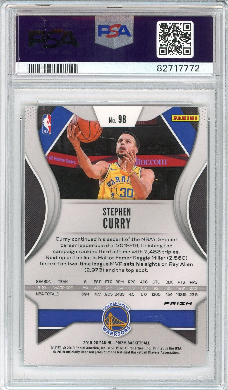 Graded 2019 Panini Prizm Stephen Curry #98 Silver Prizm Basketball Card PSA 10 Gem Mint