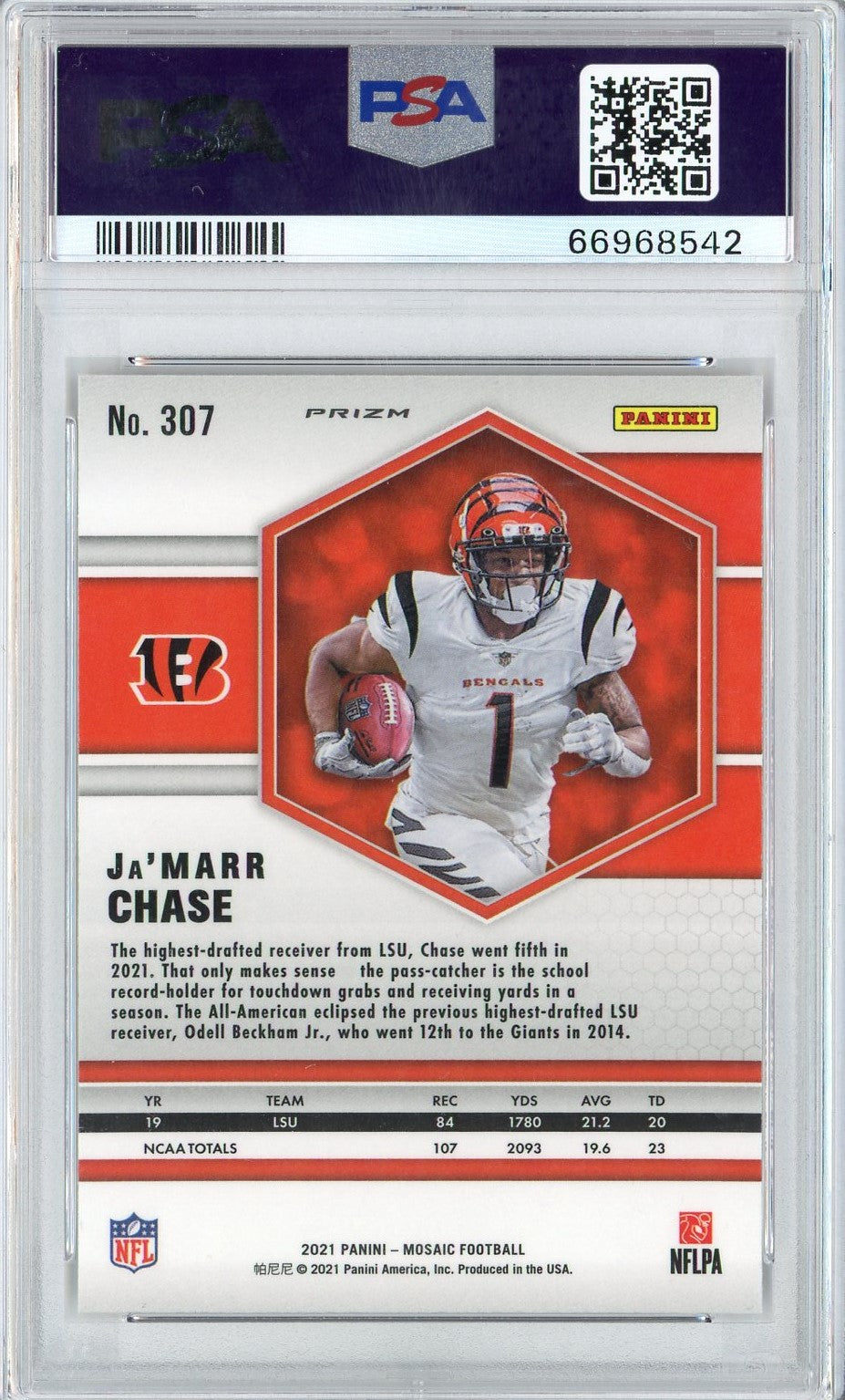 Graded 2021 Panini Mosaic Ja'Marr Chase #307 Reactive Orange Rookie RC Football Card PSA 10 Gem Mint