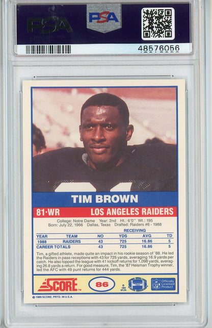 Graded 1989 Score Tim Brown #86 Rookie RC Football Card PSA 9 Mint
