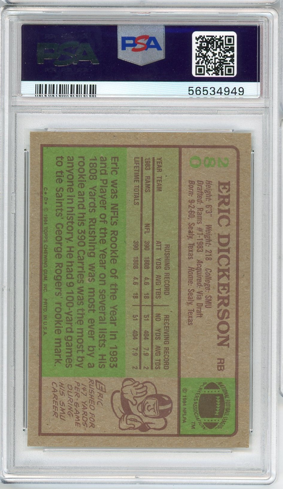 Graded 1984 Topps Eric Dickerson #280 Rookie RC Football Card PSA 8 NM-MT