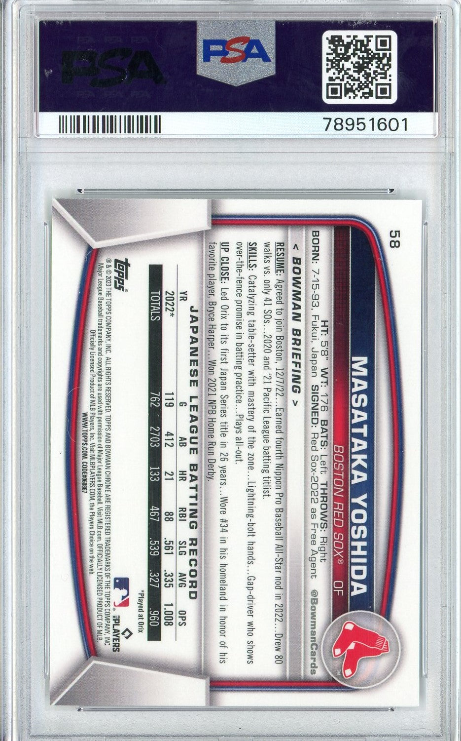 Graded 2023 Bowman Chrome M/B Masataka Yoshida #58 Rookie RC Baseball Card PSA 10 Gem Mint