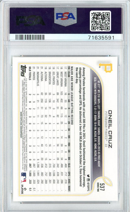 Graded 2022 Topps Oneil Cruz #537 Rookie RC Baseball Card PSA 10 Gem Mint