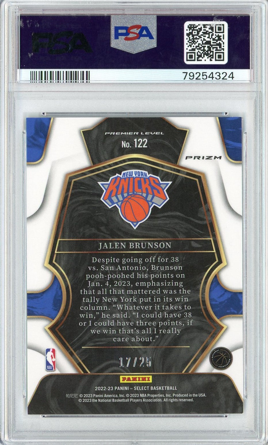 Graded 2022 Panini Select Jalen Brunson #122 Blue Disco Basketball Card PSA 10 Gem Mint