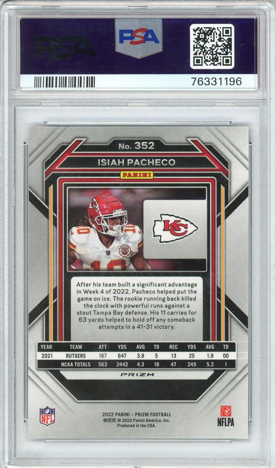 Graded 2022 Panini Prizm Isiah Pacheco #352 Red/White/Blue Rookie RC Football Card PSA 10 Gem Mint