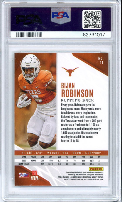Graded 2023 Chronicles Draft Picks Bijan Robinson #11 Phoenix Rookie RC Football Card PSA 9 Mint