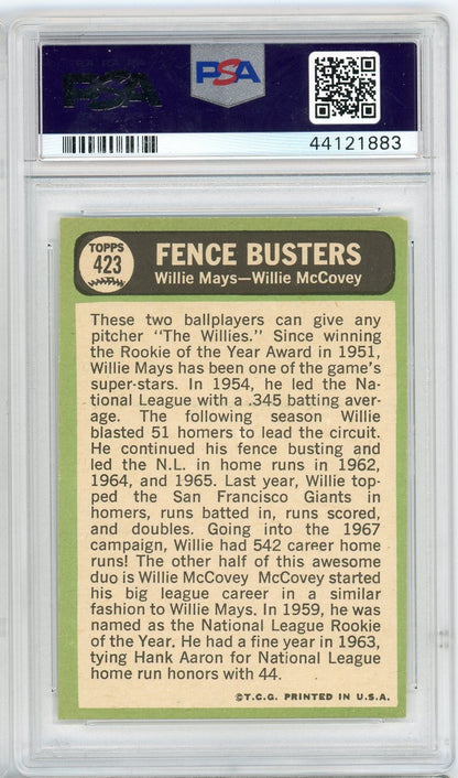Graded 1967 Topps Fence Busters Willie Mays Willie McCovey #423 Baseball Card PSA 6 EX-MT