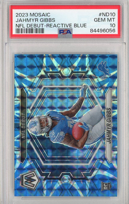 Graded 2023 Panini Mosaic Jahmyr Gibbs #ND10 NFL Debut Reactive Blue Rookie RC Football Card PSA 10 Gem Mint