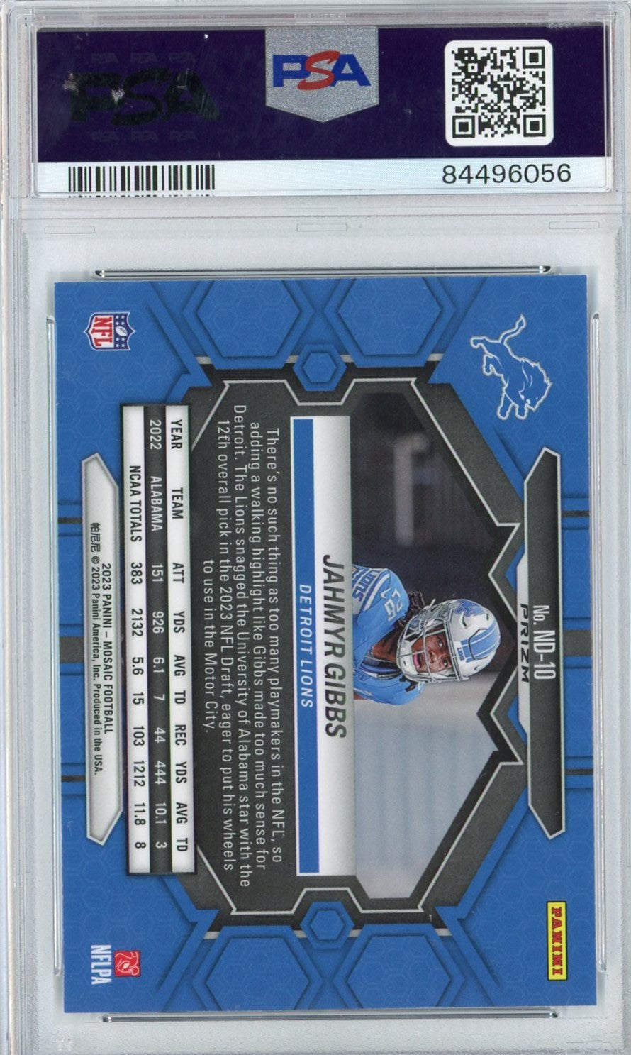 Graded 2023 Panini Mosaic Jahmyr Gibbs #ND10 NFL Debut Reactive Blue Rookie RC Football Card PSA 10 Gem Mint