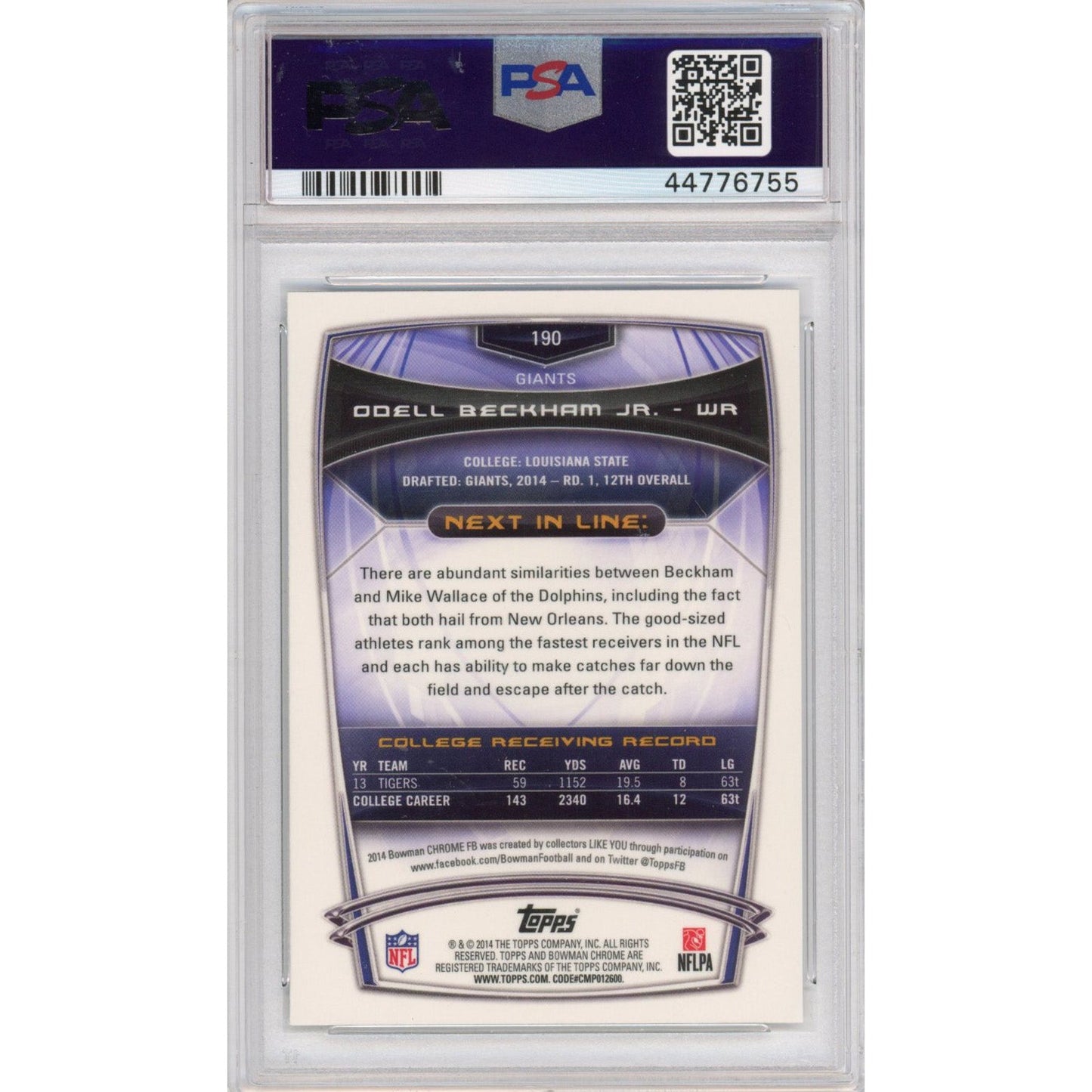 Graded 2014 Bowman Chrome Odell Beckham Jr. #190 Facing Side Rookie RC Football Card PSA 10 Gem Mint