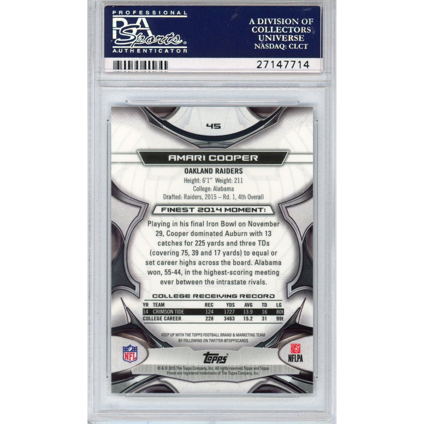 Graded 2015 Topps Finest Amari Cooper #45 Rookie RC Football Card PSA 10 Gem Mint