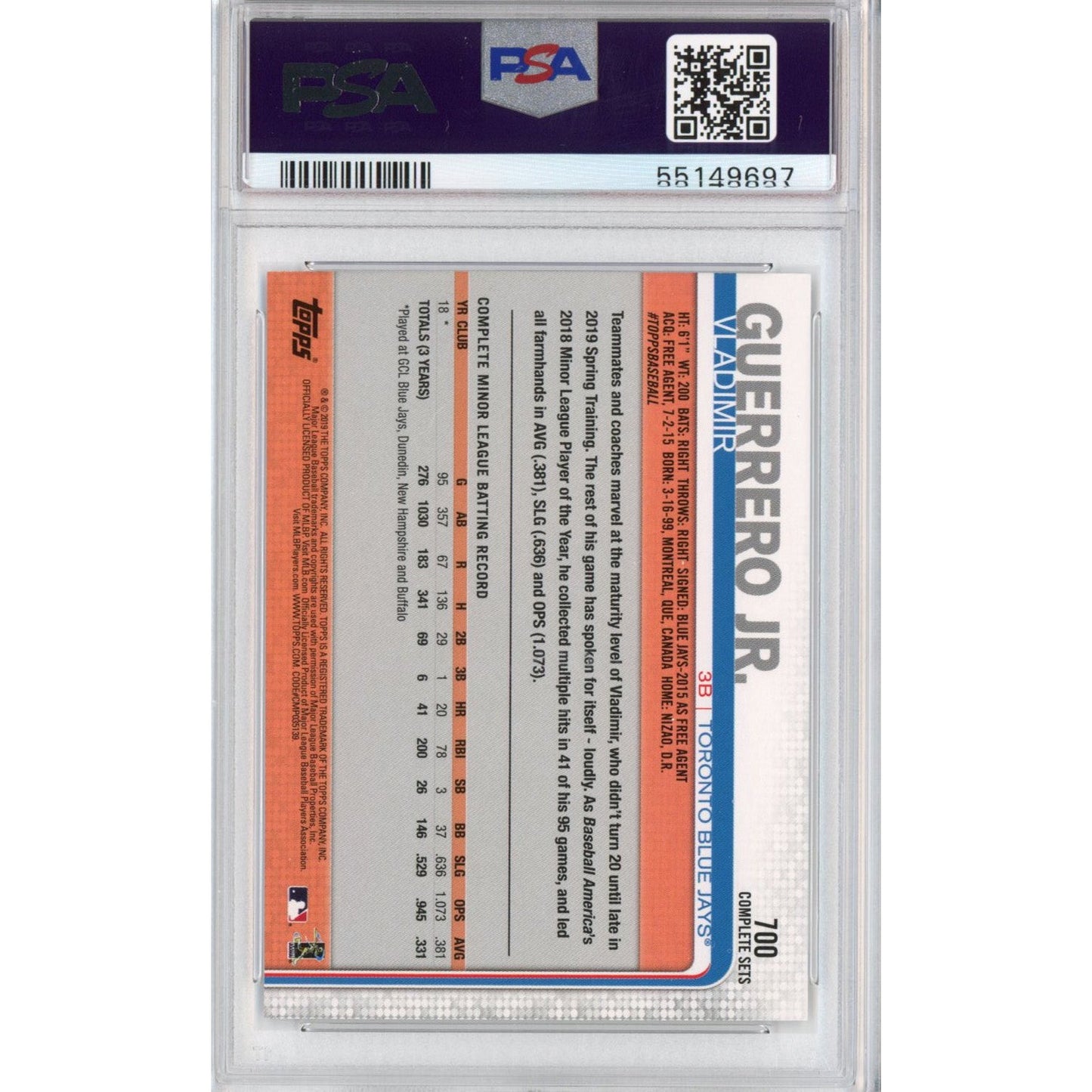 Graded 2019 Topps Complete Set Vladimir Vlad Guerrero Jr. #700 Fielding Rookie RC Baseball Card PSA 10 Gem Mint