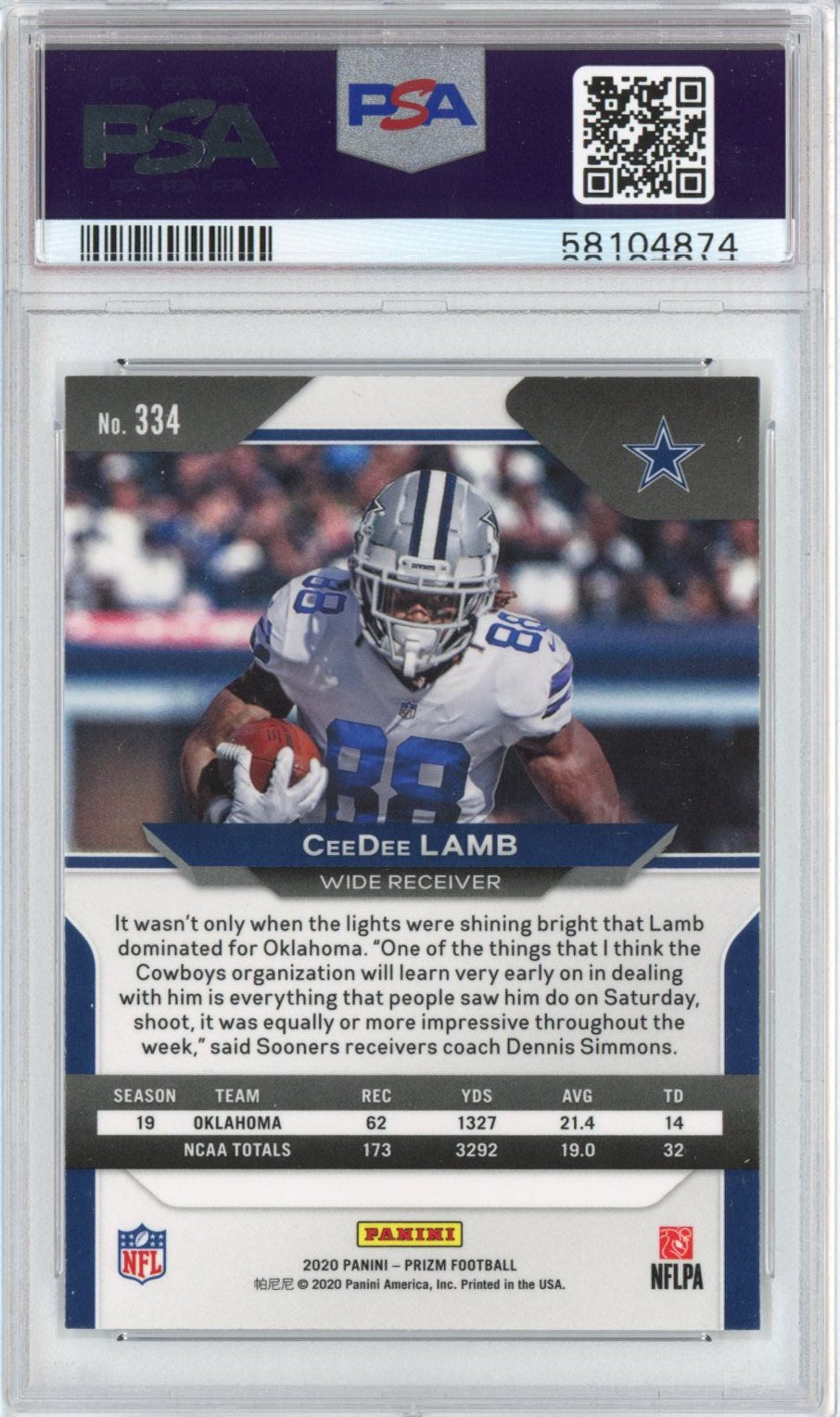 Graded 2020 Panini Prizm CeeDee Lamb #334 SP Rookie RC Football Card PSA 10 Gem Mint