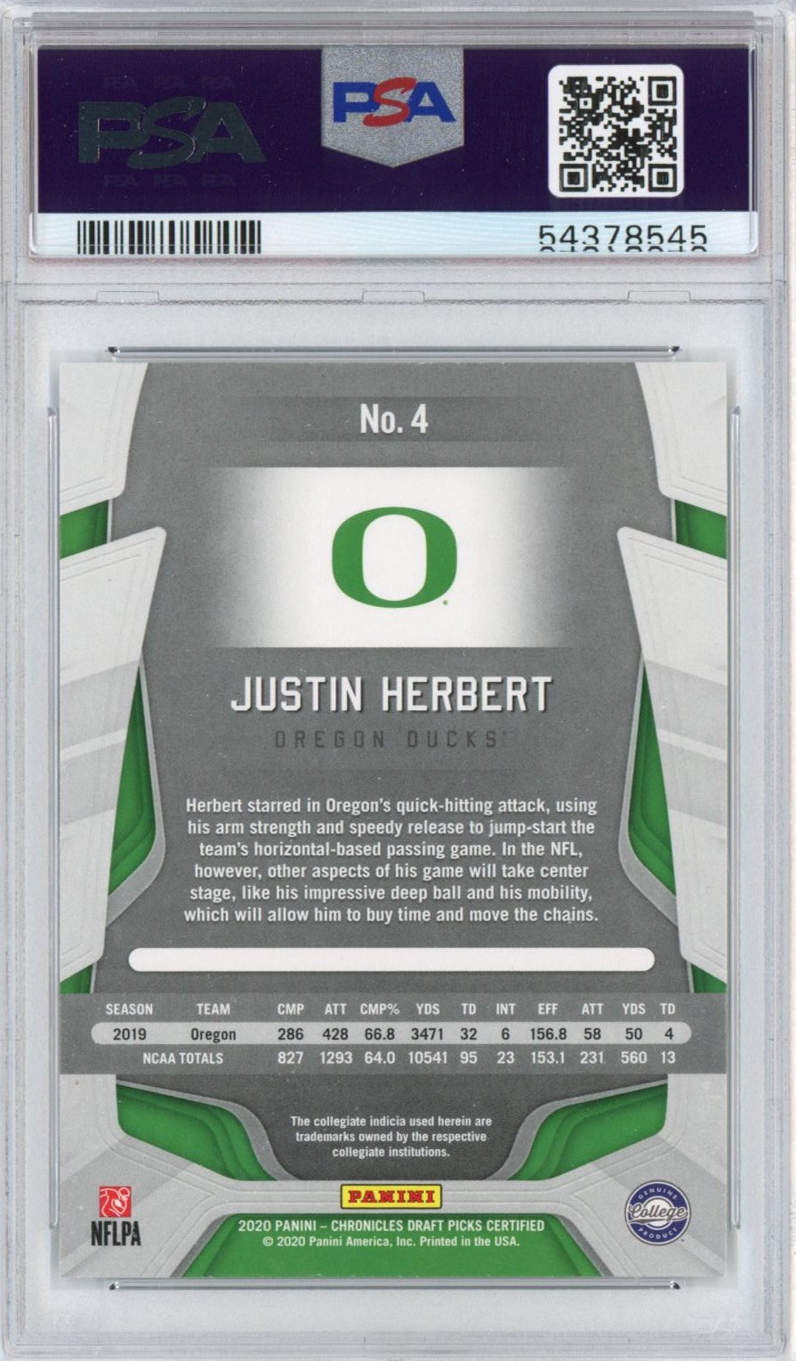 Graded 2020 Panini Chronicles DP Draft Picks Justin Herbert #4 Certified Rookie RC Football Card PSA 10 Gem Mint