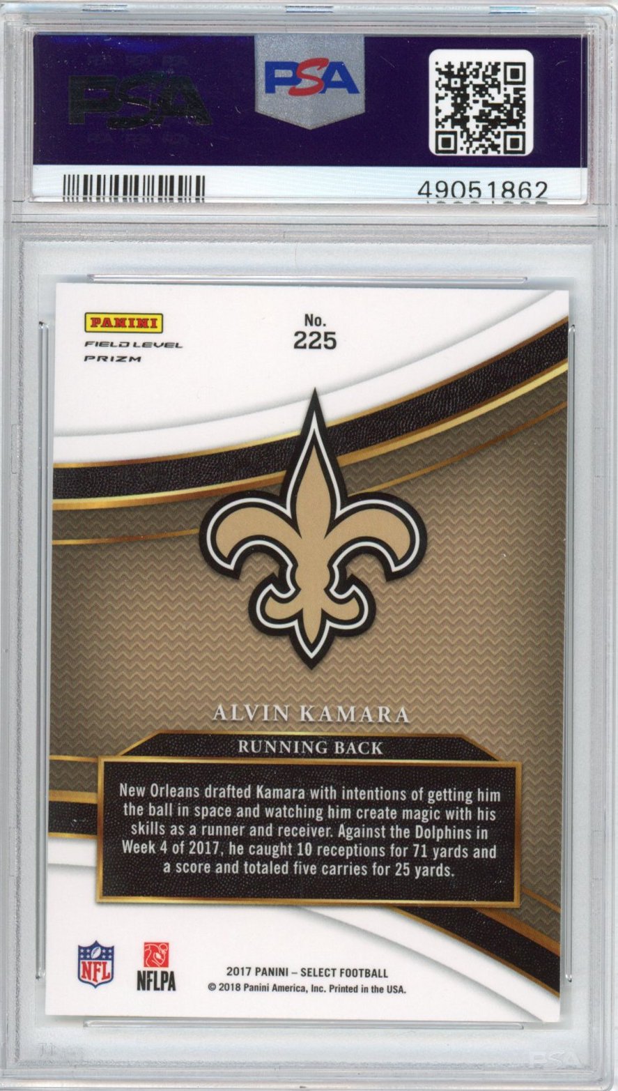 Graded 2017 Panini Select Alvin Kamara #225 Rookie RC Football Card PSA 10 Gem Mint