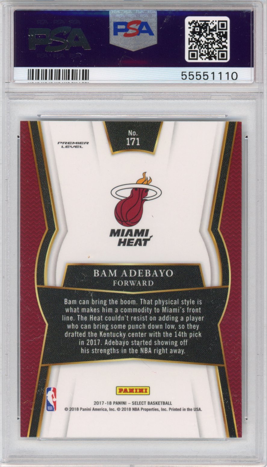 Graded 2017-18 Panini Select Bam Adebayo #171 Rookie RC Basketball Card PSA 10 Gem Mint