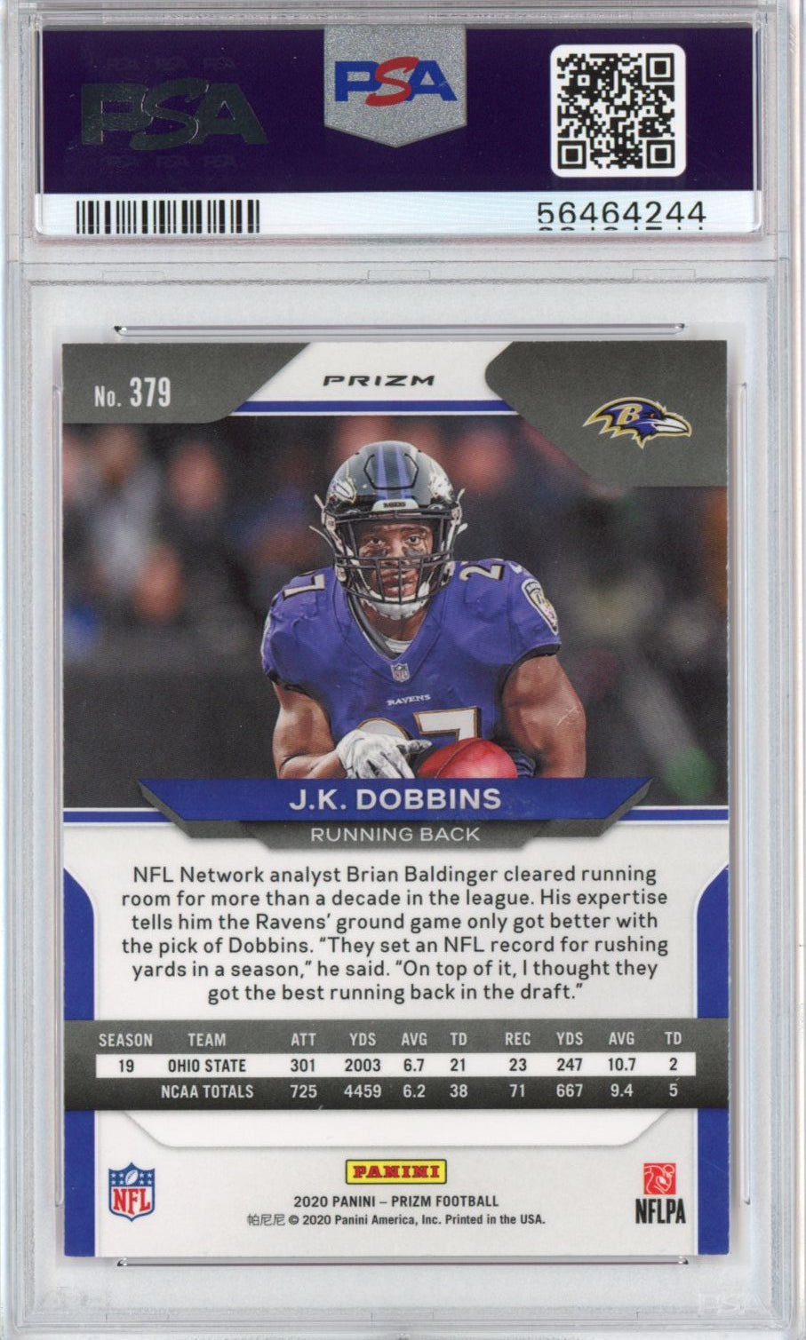 Graded 2020 Panini Prizm JK J.K. Dobbins #379 Pink Rookie RC Football Card PSA 10 Gem Mint