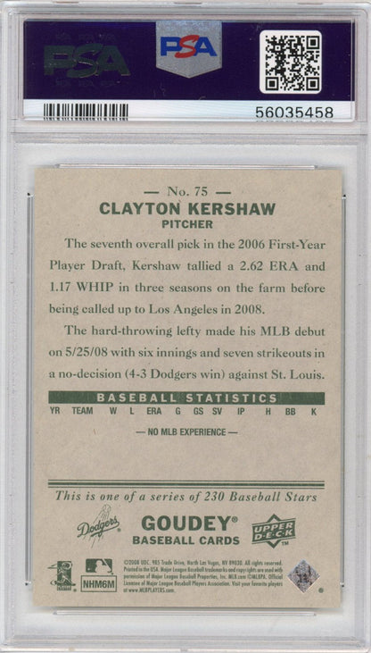 Graded 2008 Upper Deck UD Goudey Clayton Kershaw #75 Rookie RC Baseball Card PSA 10 Gem Mint