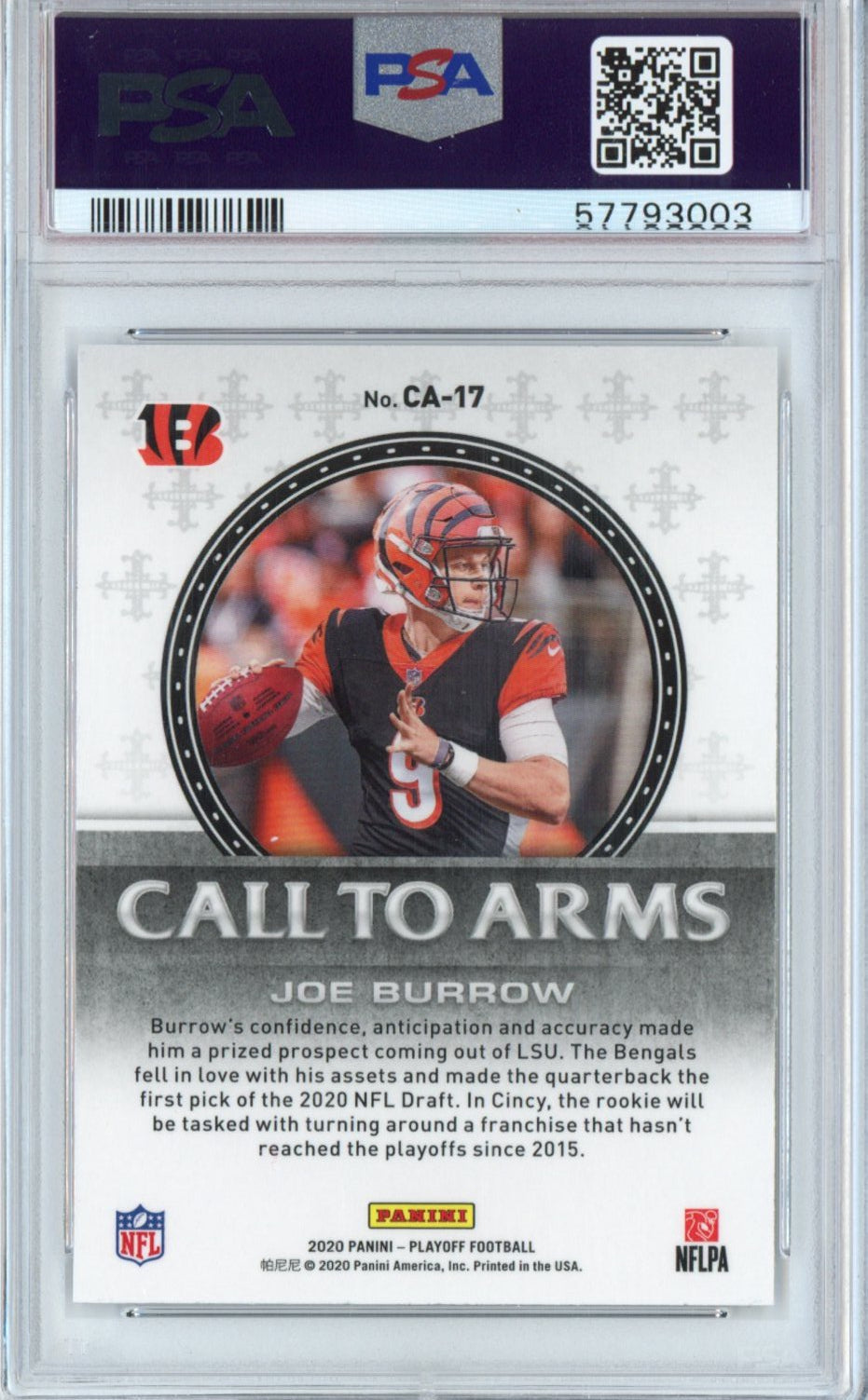 Graded 2020 Panini Playoff Joe Burrow #CA17 Call To Arms Rookie RC Football Card PSA 10 Gem Mint