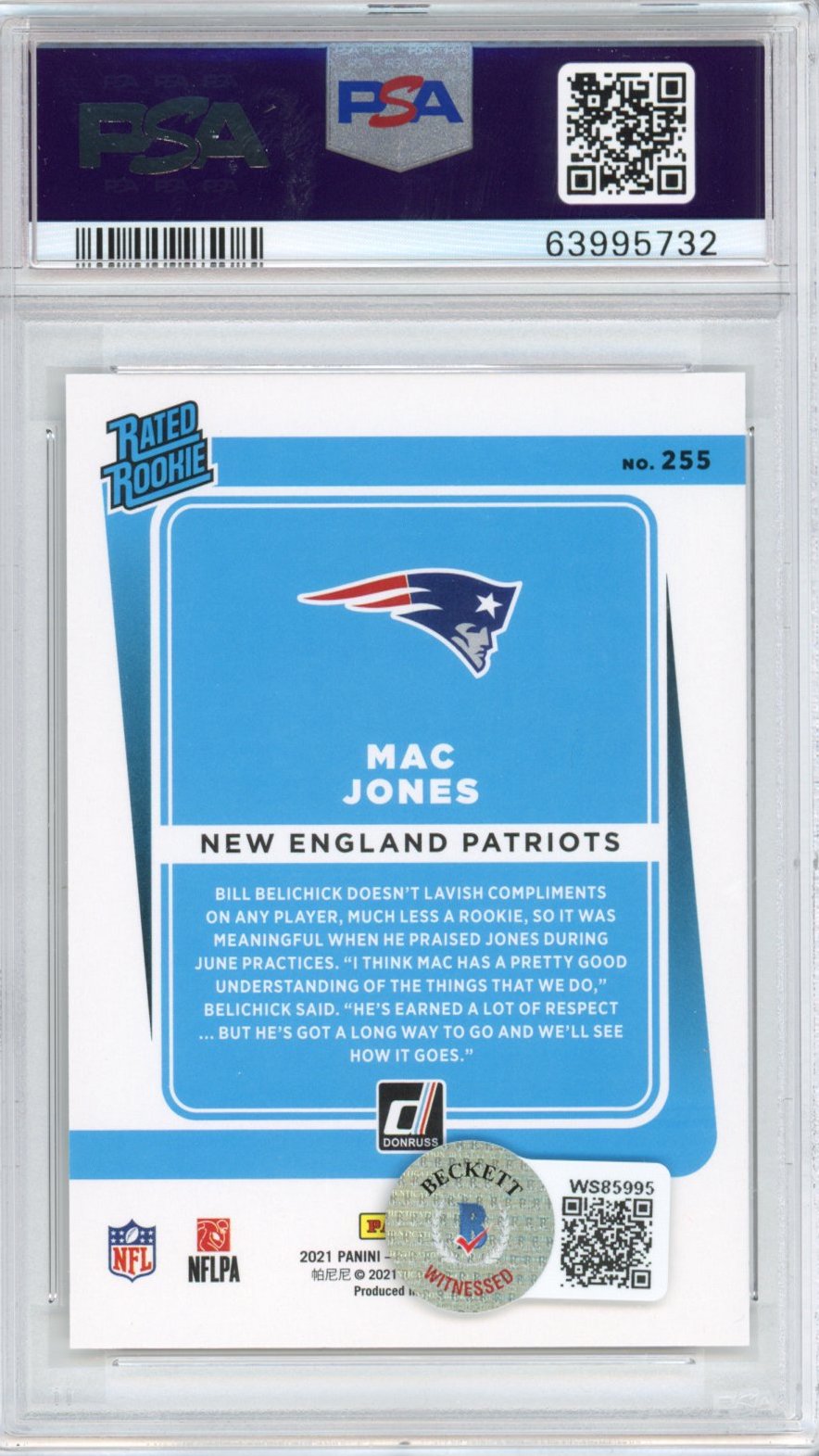 Graded 2021 Panini Donruss Mac Jones #255 AUTO Rookie RC Football Card PSA 10 Gem Mint Beckett BAS COA