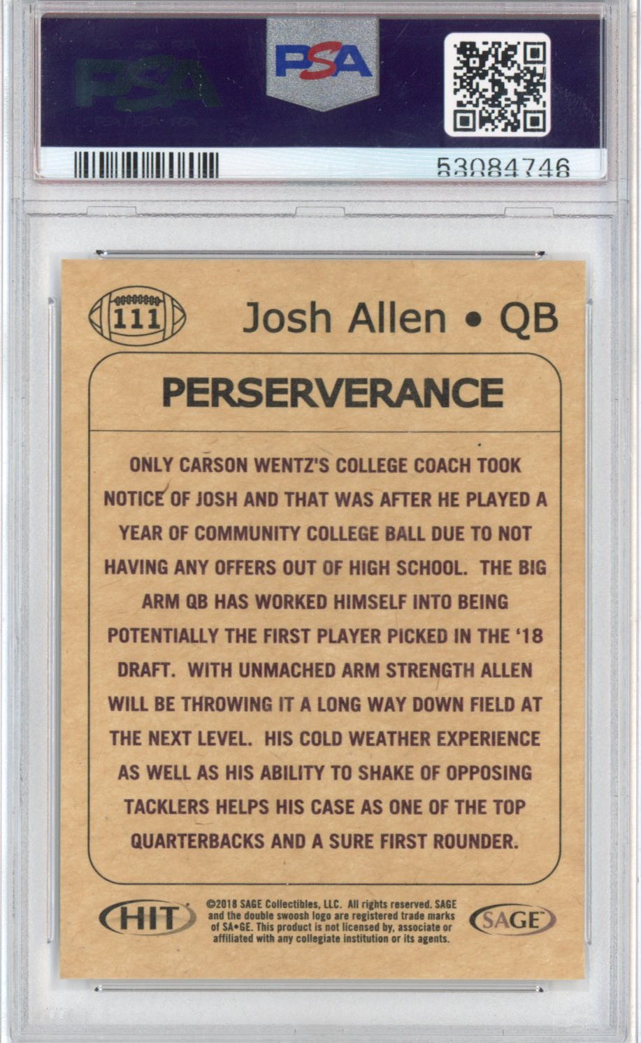 Graded 2018 Sage SA-GE Hit Josh Allen #111 Rookie RC Football Card PSA 10 Gem Mint