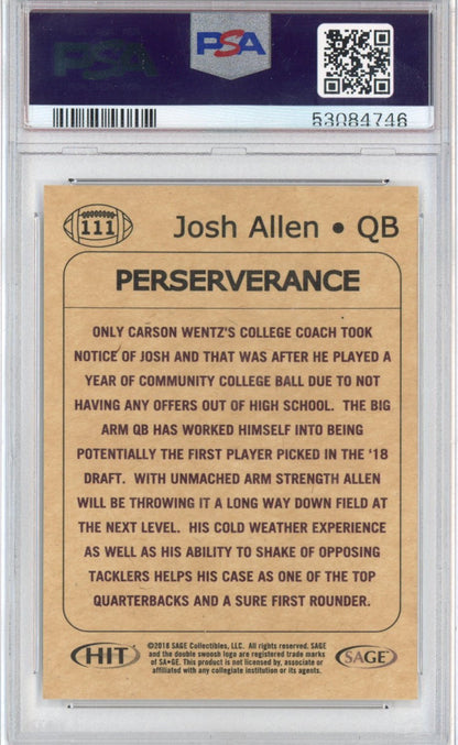 Graded 2018 Sage SA-GE Hit Josh Allen #111 Rookie RC Football Card PSA 10 Gem Mint