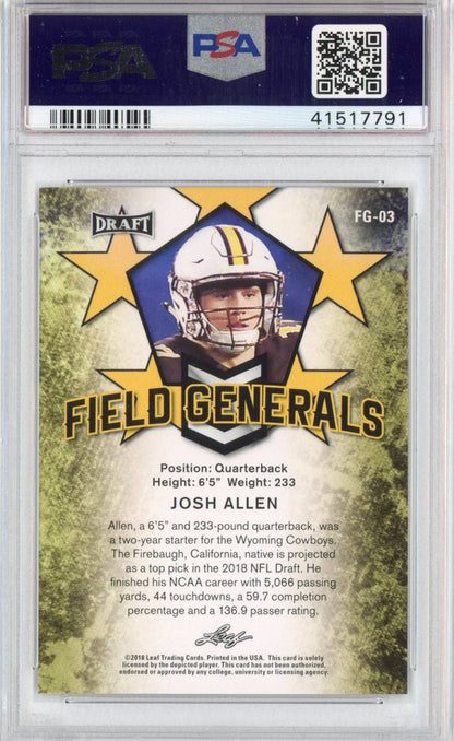 Graded 2018 Leaf Draft Josh Allen #FG-03 Field Generals Rookie RC Football Card PSA 10 Gem Mint