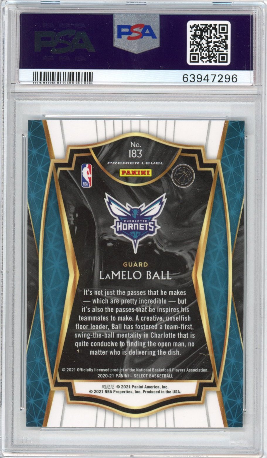 Graded 2020-21 Panini Select LaMelo Ball #183 Premier Level Rookie RC Basketball Card PSA 10 Gem Mint