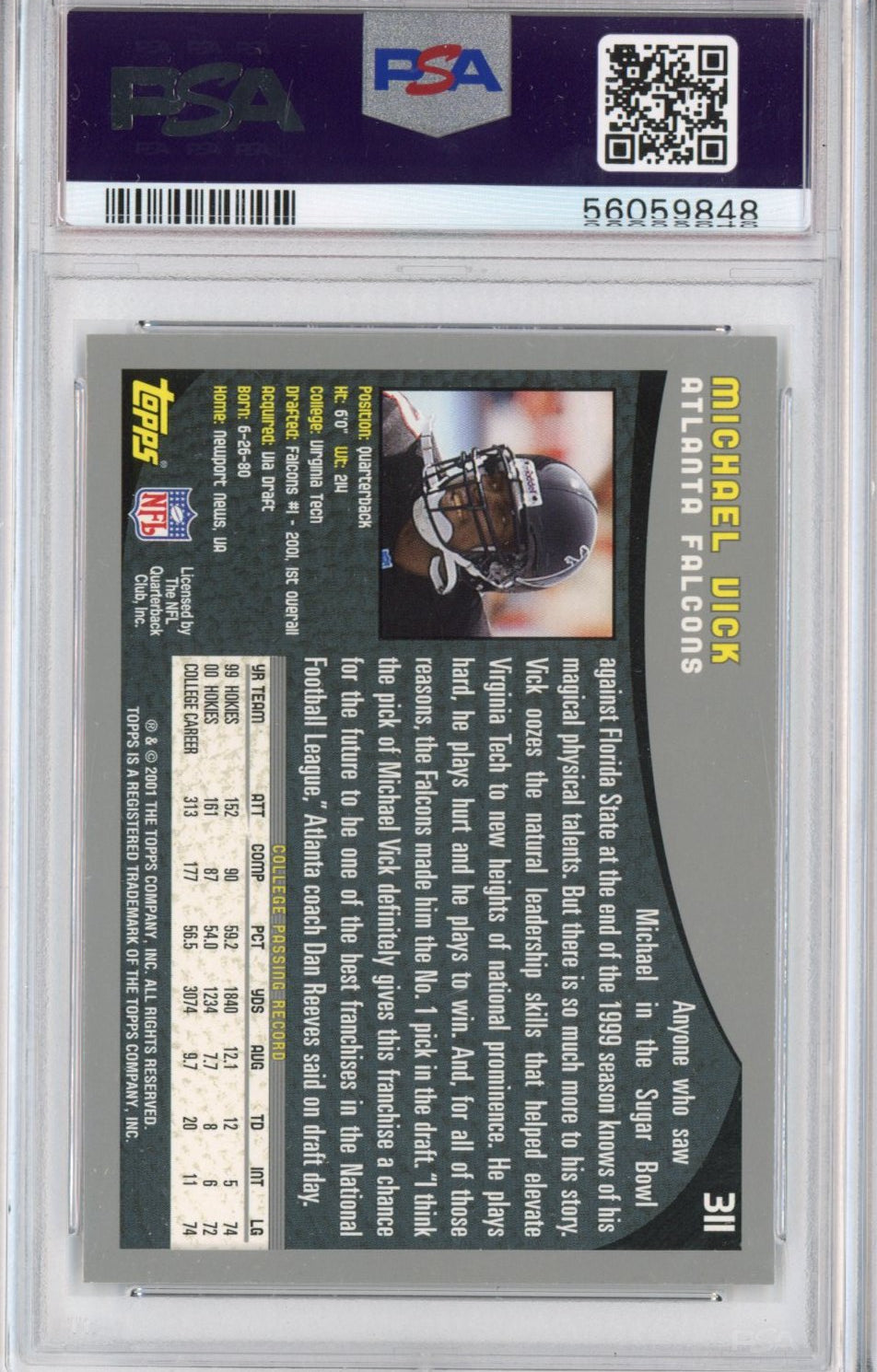 Graded 2001 Topps Collection Michael Mike Vick #311 Rookie RC Football Card PSA 10 Gem Mint